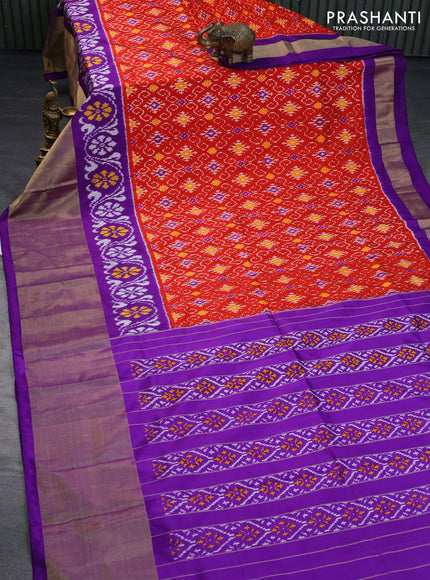 Pochampally silk saree red and purple with allover ikat weaves and long ikat woven zari border