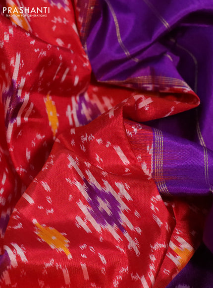 Pochampally silk saree red and purple with allover ikat weaves and long ikat woven zari border