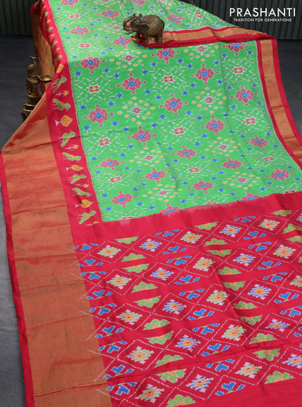 Pochampally silk saree green and red with allover ikat weaves and long ikat woven zari border