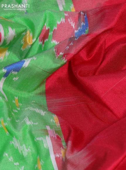 Pochampally silk saree green and red with allover ikat weaves and long ikat woven zari border