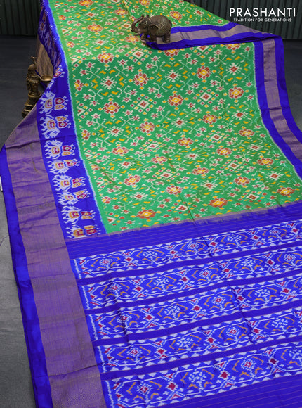 Pochampally silk saree dual shade of greenish yellow and royal blue with allover ikat weaves and long ikat woven zari border