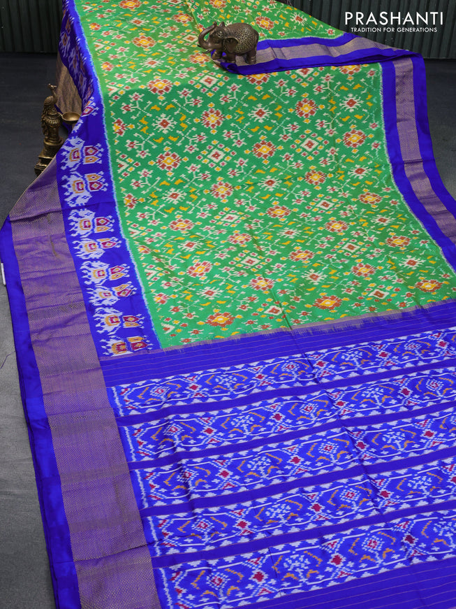 Pochampally silk saree dual shade of greenish yellow and royal blue with allover ikat weaves and long ikat woven zari border