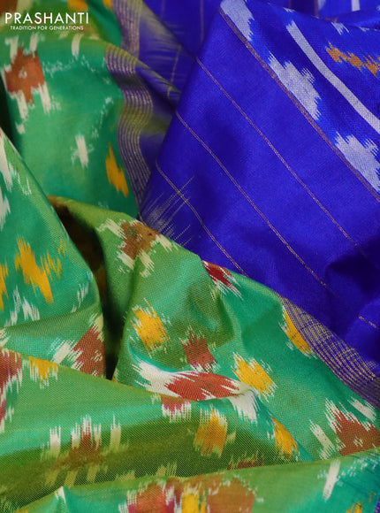 Pochampally silk saree dual shade of greenish yellow and royal blue with allover ikat weaves and long ikat woven zari border