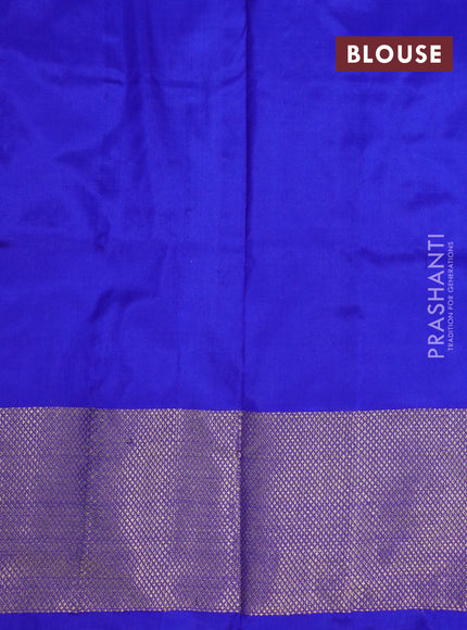 Pochampally silk saree dual shade of greenish yellow and royal blue with allover ikat weaves and long ikat woven zari border