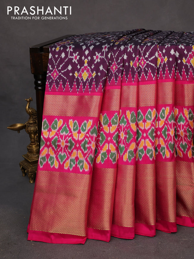 Pochampally silk saree deep wine shade and pink with allover ikat weaves and long zari woven ikat style border