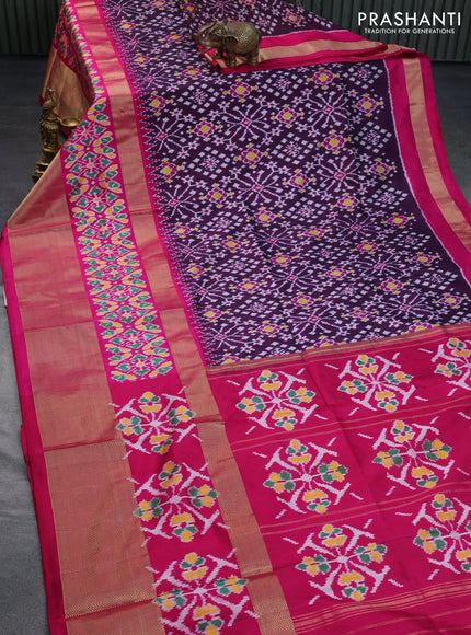 Pochampally silk saree deep wine shade and pink with allover ikat weaves and long zari woven ikat style border