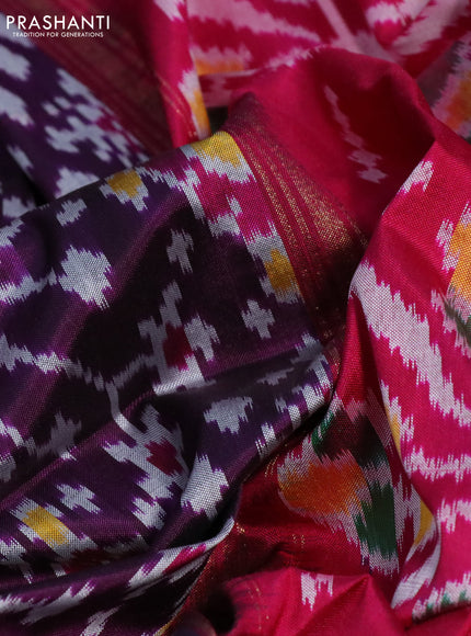 Pochampally silk saree deep wine shade and pink with allover ikat weaves and long zari woven ikat style border