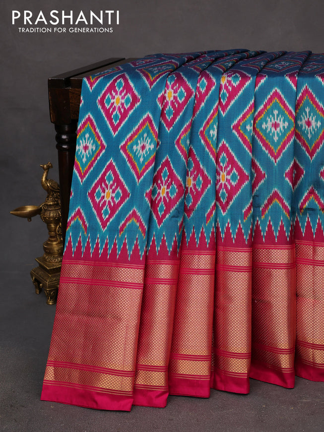 Pochampally silk saree teal blue shade and pink with allover ikat weaves and long zari woven border