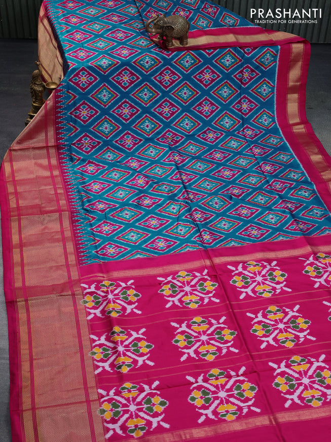 Pochampally silk saree teal blue shade and pink with allover ikat weaves and long zari woven border