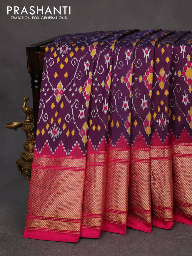 Pochampally silk saree deep wine shade and pink with allover ikat weaves and long zari woven border