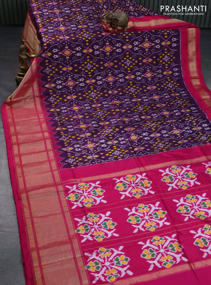 Pochampally silk saree deep wine shade and pink with allover ikat weaves and long zari woven border