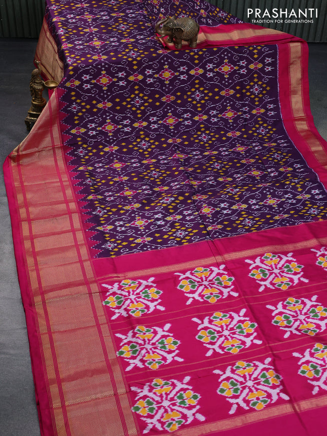 Pochampally silk saree deep wine shade and pink with allover ikat weaves and long zari woven border