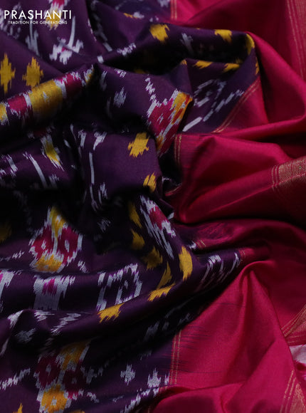 Pochampally silk saree deep wine shade and pink with allover ikat weaves and long zari woven border