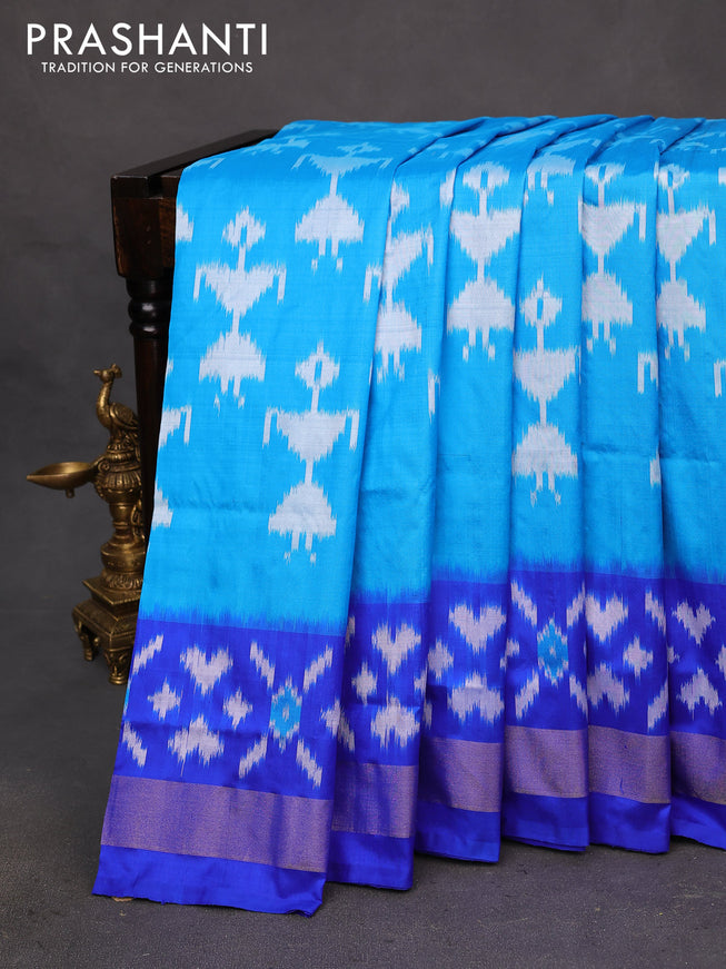 Pochampally silk saree cs blue and royal blue with allover ikat weaves and ikat woven zari border