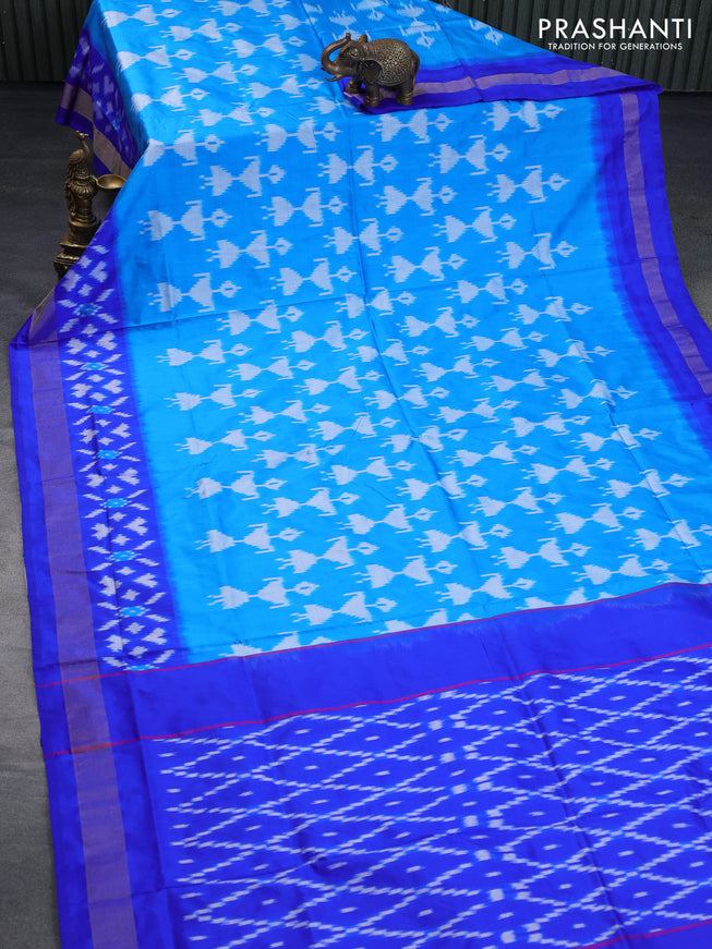 Pochampally silk saree cs blue and royal blue with allover ikat weaves and ikat woven zari border