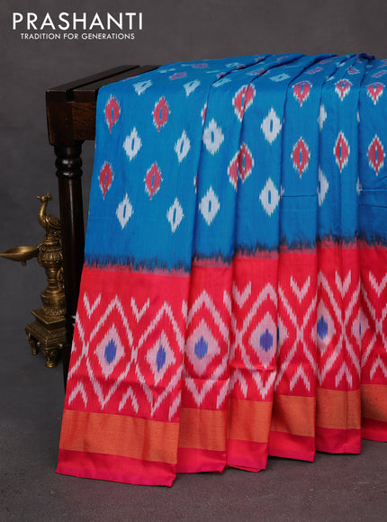 Pochampally silk saree cs blue and red with allover ikat butta weaves and long ikat woven zari border