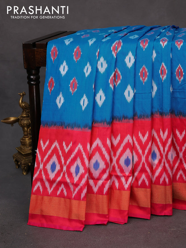 Pochampally silk saree cs blue and red with allover ikat butta weaves and long ikat woven zari border