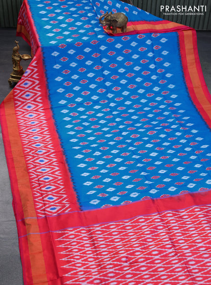 Pochampally silk saree cs blue and red with allover ikat butta weaves and long ikat woven zari border