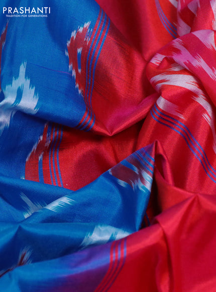 Pochampally silk saree cs blue and red with allover ikat butta weaves and long ikat woven zari border