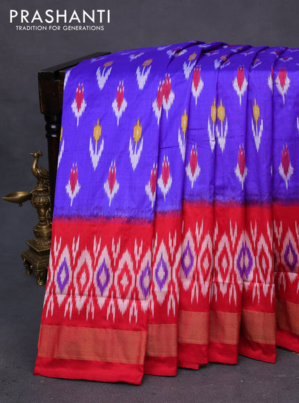 Pochampally silk saree royal blue and red with allover ikat butta weaves and long ikat woven zari border