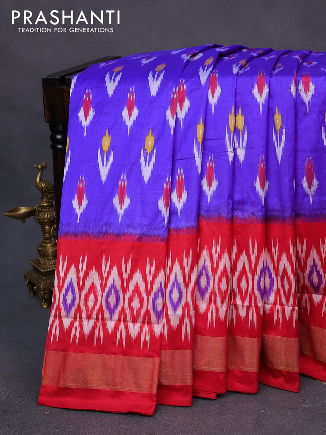 Pochampally silk saree royal blue and red with allover ikat butta weaves and long ikat woven zari border