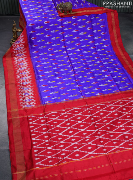 Pochampally silk saree royal blue and red with allover ikat butta weaves and long ikat woven zari border