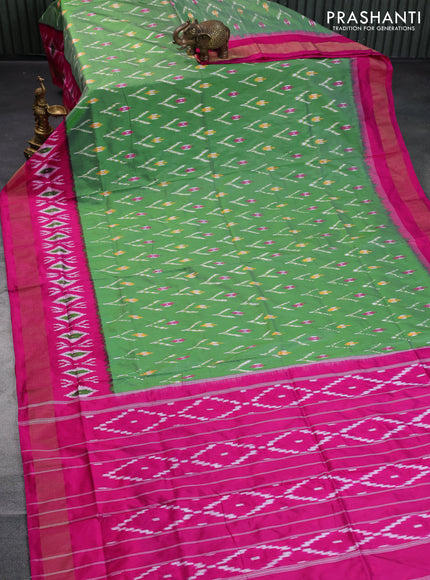 Pochampally silk saree pastel green and pink with allover ikat butta weaves and long ikat woven zari border