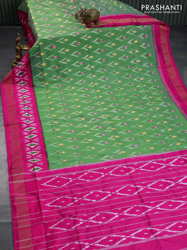 Pochampally silk saree pastel green and pink with allover ikat butta weaves and long ikat woven zari border