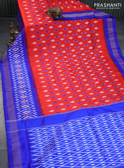 Pochampally silk saree orange and royal blue with allover ikat butta weaves and long ikat woven zari border