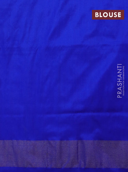 Pochampally silk saree orange and royal blue with allover ikat butta weaves and long ikat woven zari border