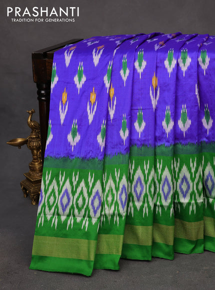 Pochampally silk saree royal blue and green with allover ikat butta weaves and long ikat woven zari border