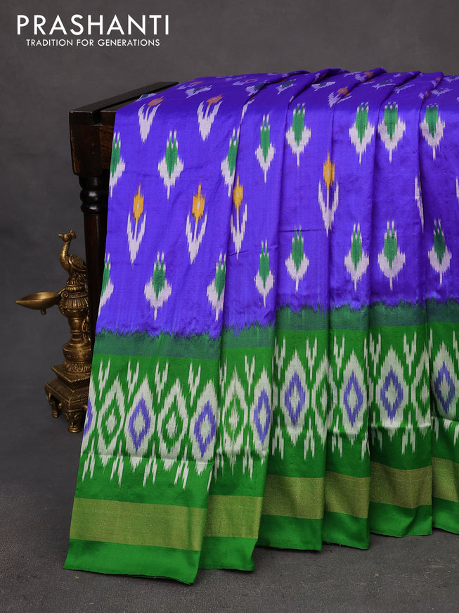 Pochampally silk saree royal blue and green with allover ikat butta weaves and long ikat woven zari border