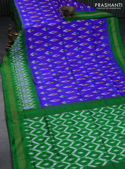 Pochampally silk saree royal blue and green with allover ikat butta weaves and long ikat woven zari border