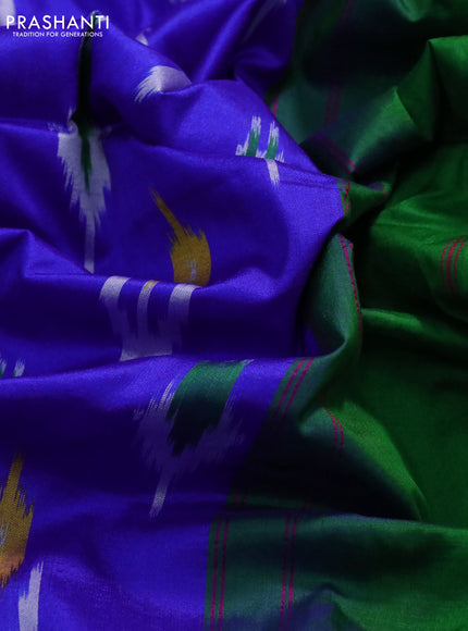 Pochampally silk saree royal blue and green with allover ikat butta weaves and long ikat woven zari border