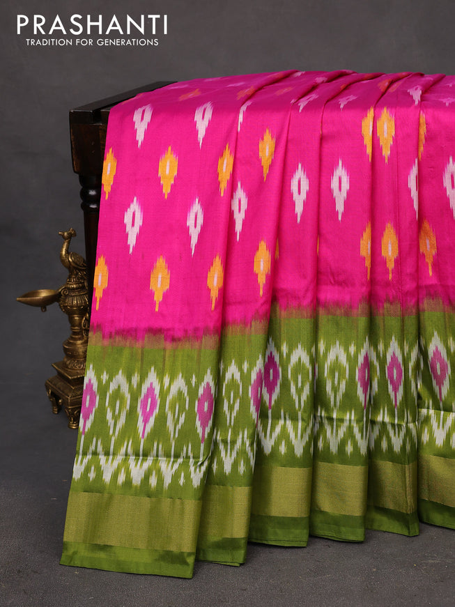 Pochampally silk saree pink and mehendi green with allover ikat butta weaves and long ikat woven zari border