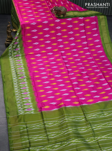 Pochampally silk saree pink and mehendi green with allover ikat butta weaves and long ikat woven zari border