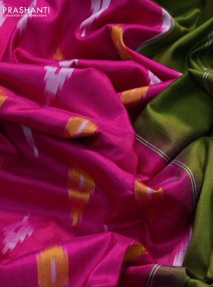 Pochampally silk saree pink and mehendi green with allover ikat butta weaves and long ikat woven zari border