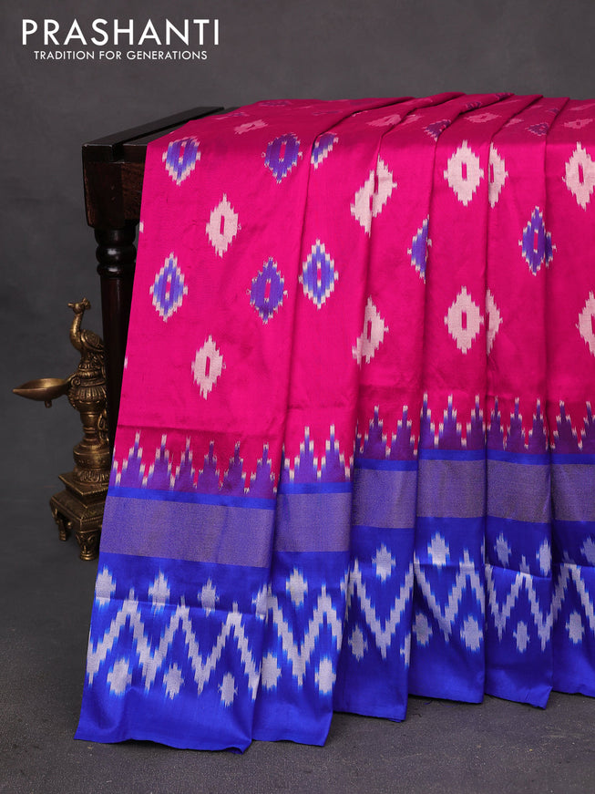 Pochampally silk saree pink and royal blue with allover ikat butta weaves and long temple design ikat woven zari border