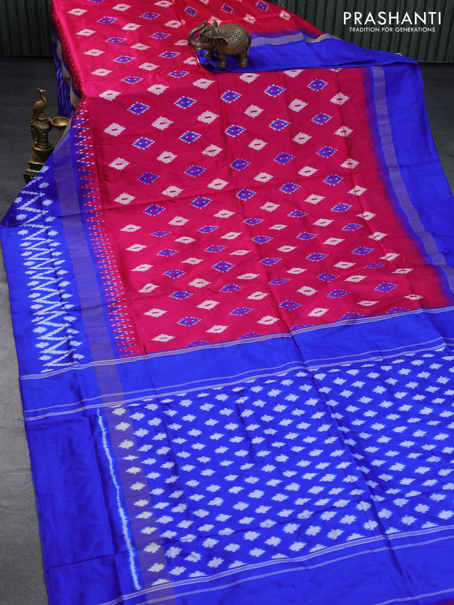 Pochampally silk saree pink and royal blue with allover ikat butta weaves and long temple design ikat woven zari border