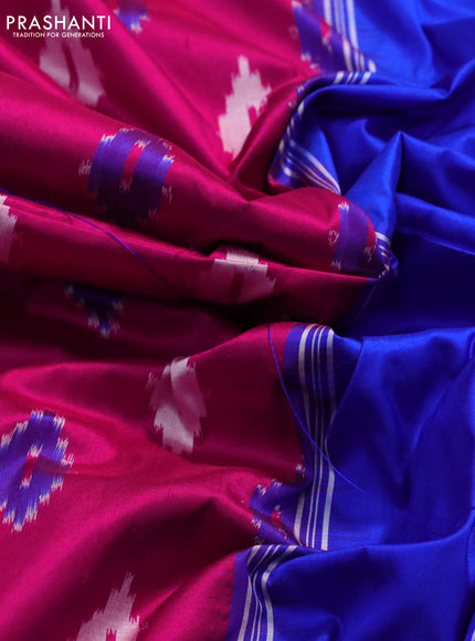 Pochampally silk saree pink and royal blue with allover ikat butta weaves and long temple design ikat woven zari border