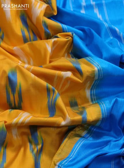 Pochampally silk saree yellow and cs blue with allover ikat butta weaves and long zari woven ikat style border