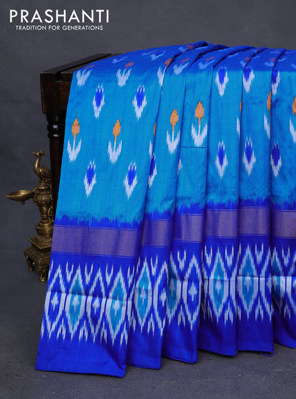 Pochampally silk saree cs blue and royal blue with allover ikat butta weaves and zari woven ikat style border