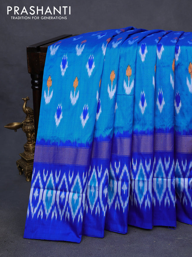 Pochampally silk saree cs blue and royal blue with allover ikat butta weaves and zari woven ikat style border