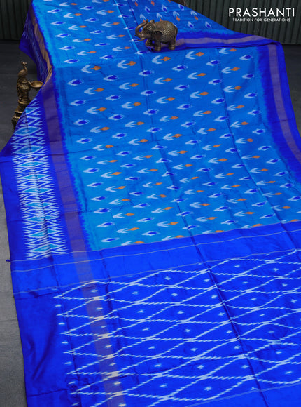 Pochampally silk saree cs blue and royal blue with allover ikat butta weaves and zari woven ikat style border