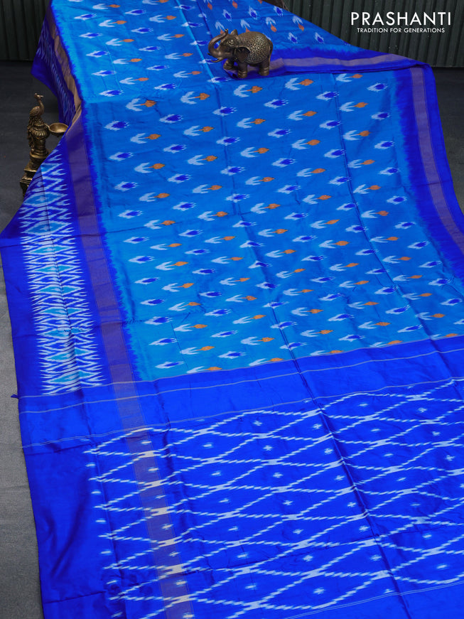 Pochampally silk saree cs blue and royal blue with allover ikat butta weaves and zari woven ikat style border