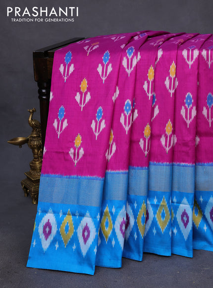 Pochampally silk saree purple and cs blue with allover ikat butta weaves and zari woven ikat style border