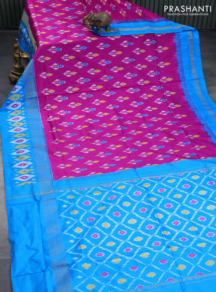 Pochampally silk saree purple and cs blue with allover ikat butta weaves and zari woven ikat style border