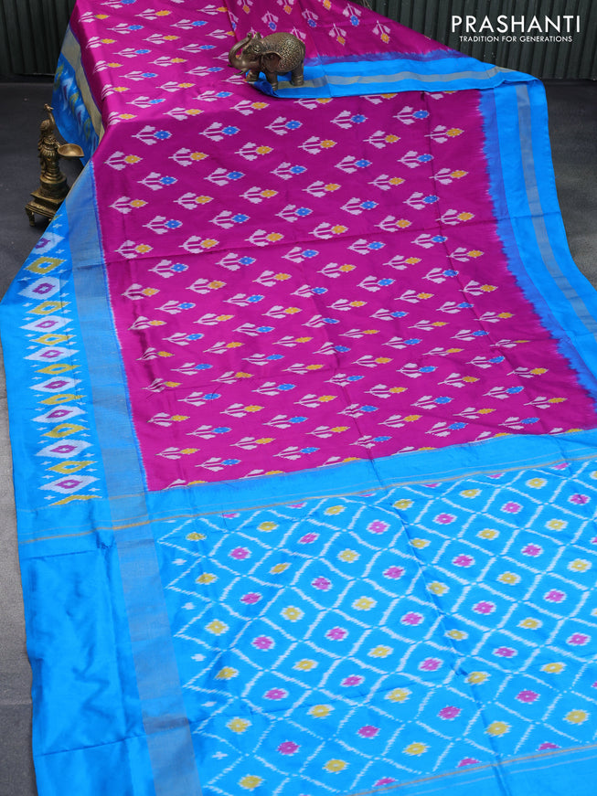 Pochampally silk saree purple and cs blue with allover ikat butta weaves and zari woven ikat style border