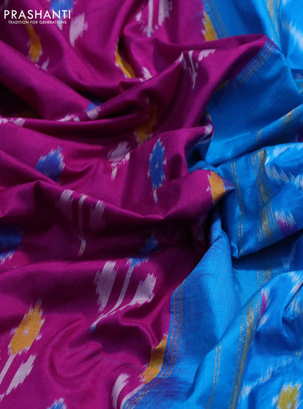 Pochampally silk saree purple and cs blue with allover ikat butta weaves and zari woven ikat style border