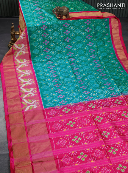 Pochampally silk saree teal blue and pink with allover ikat weaves and long ikat woven zari border